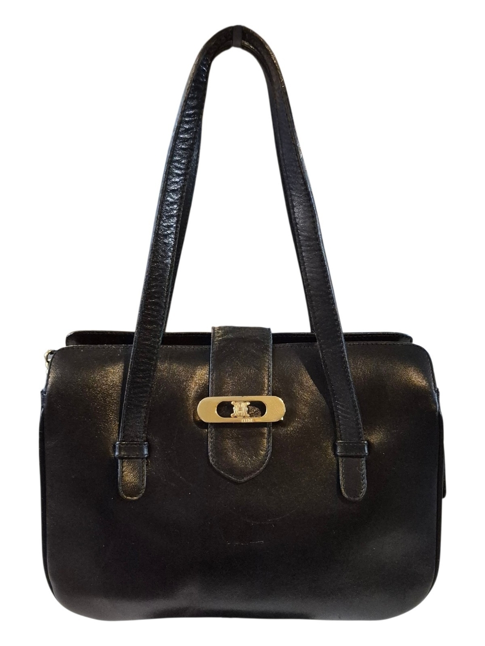 Vintage Celine Triomphe Black Leather Shoulder Bag with Gold Hardware